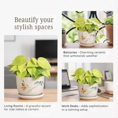 Image of Urban Upvan Green Leaf Design Printed Ceramic Pot with Tray - Premium Decorative Planter for Indoor & Outdoor Plants, Modern Elegant Flower Pot for Home, Garden & Office