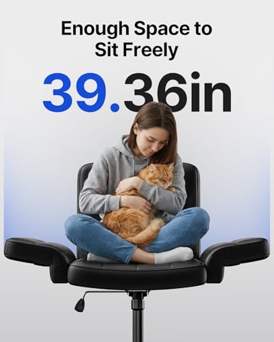Image of HUANUO Criss Cross Chair with 6-Point Adjustable Armrests, Pet-Friendly Criss Cross Office Chair, Comfortable Cross Leg Chair with Wide Seat, Durable PU Leather, Side Storage Pocket, Easy Assembly