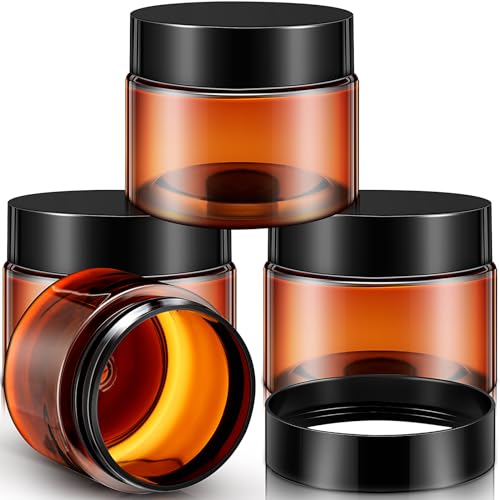 Image of Patelai 4 Pcs Plastic Jars Wide Mouth with Lids,2 Ounce,Amber | Travel Size for Creams Oils, Clear Round Storage Cosmetics Containers, Leak Proof Screw on Lids for Makeup Beauty DIY
