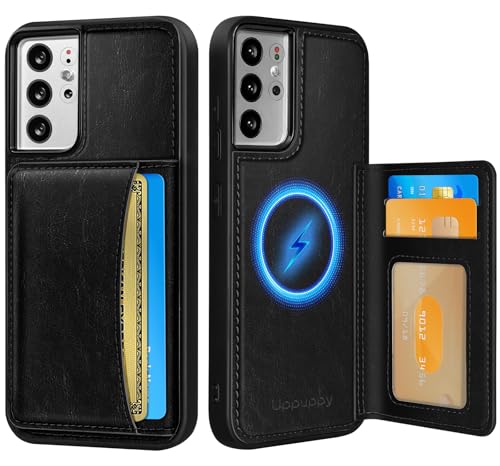 Uppuppy for Samsung Galaxy S21 Ultra Case with Wallet - Fits 4 Card Slots Compatible with MagSafe for Women Men Durable PU Leather Credit Card Holder Kickstand Phone Cover for Samsung S21 Ultra Black