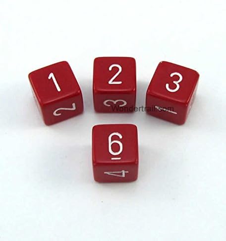Wondertrail WCXPQ0604E4 Red Opaque Dice with White Numbers D6 Aprox 16mm (5/8in) Pack of 4 Dice Chessex