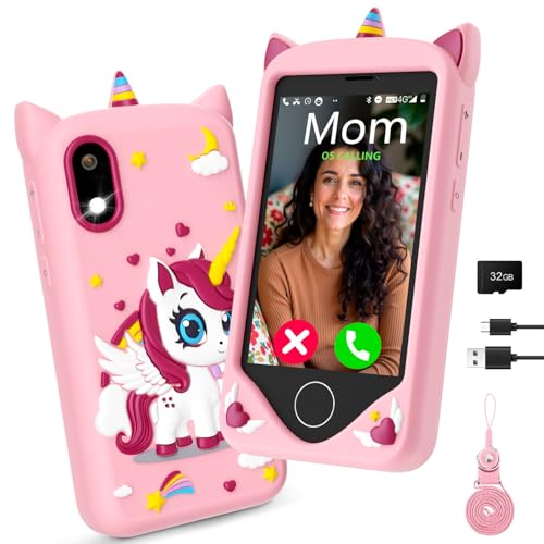 UNERVER Kids Smart Phone for Girls - Safest Phone for Kid & Teens, Talk & Text - Kids Cell Phone Toy, 4.2'' Touchscreen, Dual Cameras, Games, 32GB Card (Blush)