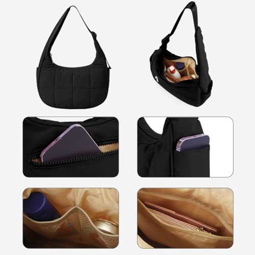 Women’s Puffer Quilted Crescent Bag - Nylon Hobo Purse with Adjustable Strap Zipper for Work, Travel2
