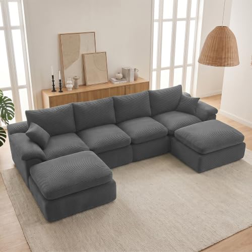 Image of 133 inch Cloud Sectional Couch, Boneless Couches for Living Room, Gray | U shaped, Modular Sectional Sofa with Deep Seat & Convertible Ottoman, Built for Family Life, Apartments & Living Rooms