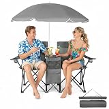 Outvita Folding Double Camping Chair w/Umbrella Beverage Holder Carrying Bag Cooler Fold Up Table, Large Bearing Capacity for Beach Patio Pool Park Outdoor Gray