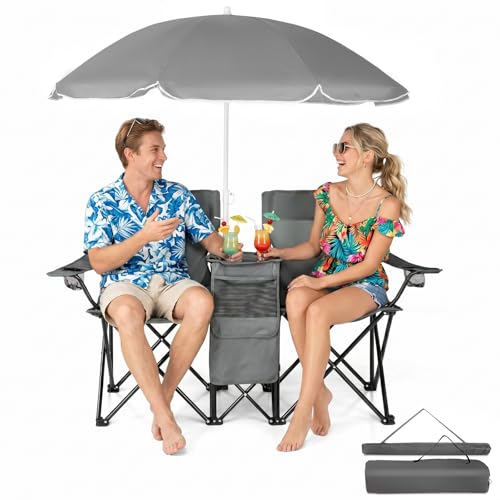 Outvita Folding Double Camping Chair w/Umbrella Beverage Holder Carrying Bag Cooler Fold Up Table, Large Bearing Capacity for Beach Patio Pool Park Outdoor Gray