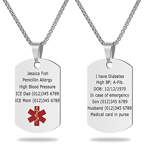 Medical Alert Necklace Laser engraved Tag Custom Engraving Stainless Steel ID Tag Pendant for Men Women2