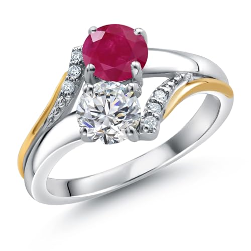 Gem Stone King 925 Silver and 10K Yellow Gold Lab Grown Diamond and Red Ruby Engagement Ring For Women | 1.09 Cttw | Round 5MM | Gemstone April Birthstone | Available in Size 5,6,7,8,9