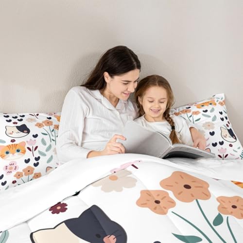 Image of Feelyou Cute Kitten Cat Comforter Set Toddler Size, Cartoon Cat Comforter Set Toddler Size Kawaii Cats and Flowers Comforter for Kids Toddler Cat Lover's Animal Duvet Set Lightweight Quilt Set