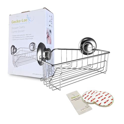 Gecko-Loc Corner Bathroom Shower Caddy shelf organizer suction cup wall storage basket - bath kitchen shampoo accessories shelves organizers caddies -Silver