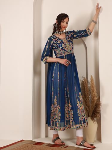 Image of EthnicJunction Women's Georgette Embroidered and Sequence Work Naira Cut Kurta and Dupatta Set