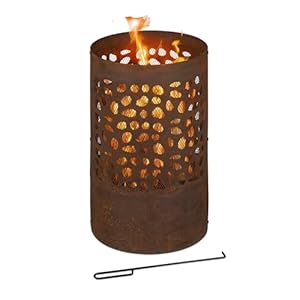 Relaxdays Feuertonne Rostoptik, Funkenschutz, Schürhaken & Feuerrost, Cortenstahl, HxD: 60 x 37 cm, Feuerkorb, braun