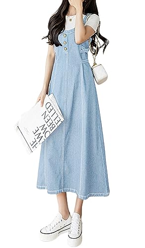 CHARTOU Damen Elegant Träger Zurück Gesmokt A-Linie Langer Rock Denim Overall Trägerkleid, Hell, blau, Mittel