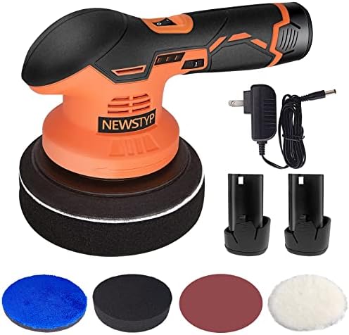 NEWSTYP 6 Inch Cordless Car Buffer Polisher with 2Pcs 12V 2.0Ah Rechargeable Battery, 6 Variable Speed, 5000RPM, Wireless Buffer Polisher Kit for Waxing/Car Detailing/Car Scratch Repairing/Sander