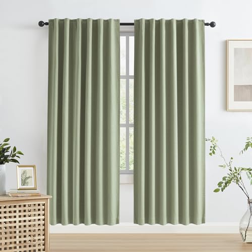KEQIAOSUOCAI Blackout Linen Curtains Thermal Insulated Back Tab Rod Pocket Textured Long Drapes for Bedroom 50 x 72 Inch, 2 Panels Set,Light Sage Green