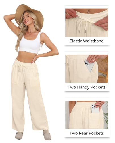 CHANGEOWN Womens Casual Linen Pants Drawstring Flowy Pants Loose Fit Summer Pants with Pockets Lounge Beach Pants, hKaki, X-Large Khaki — view 5