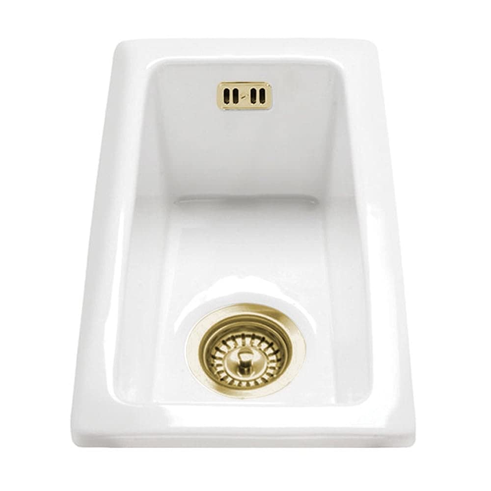 Astini Hampton 50 0.5 Bowl White Ceramic Undermount Kitchen Sink & Gold Waste