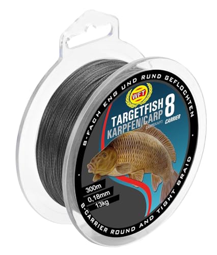 WFT TF8 Karpfen Black 300m 0,18mm 13kg - Karpfenschnur, geflochtene Angelschnur zum Karpfenangeln, Schnur für Karpfen