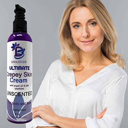Diva Stuff Ultimate Crepey Skin Cream With Hyaluronic Acid, Argan Oil, Silk Peptides and More, For Dry, Crepey. Damaged and Aging Skin, 8oz,Unscented