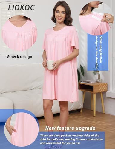 Image of Hospital Gowns for Women Open Back Tear Away Snap Post shoulder Dress Short Sleeve Soft Adaptive Clothing with Pockets