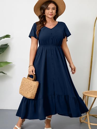Image of RWJ Women Plus Size Maxi Dress V Neck Short Sleeve Button Trim Split Flowy Tiered Casual Long Dresses 2025 L-3XL
