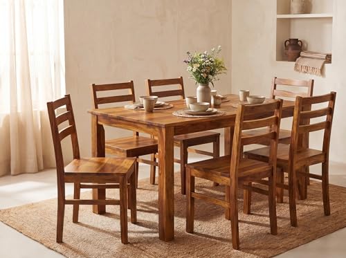 Image of DecorNation Myra Solid Wood Dining Table Set 6 Seater for Home & Kitchen | Premium Wooden Dining Table with 6 Chairs | Natural Finish | Modern Dining Furniture