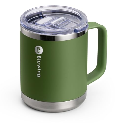 Bluwing 12 oz Travel Mug with Handle, Double Wall Insulated Camping Coffee Mug for Men Stainless Steel Travel Tumbler Cup, Spill Proof (Grass Green)