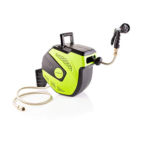 Alfresia 15 Metre Wall Mounted Hose Reel – Garden Hose and Reel Kit, Automatic Wind-Up Retractable Garden Hosepipe, with 7 Setting Spray Gun and Quick Release Brass Attachments, Water Resistant