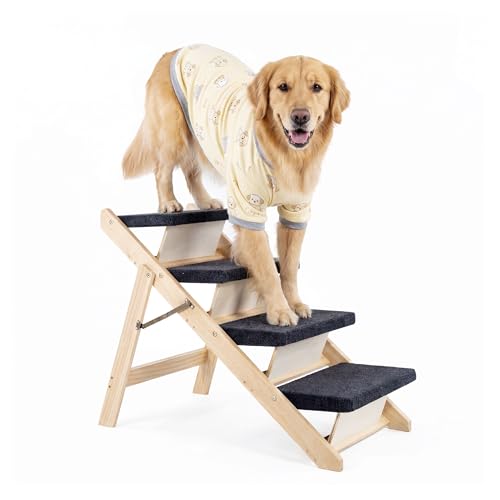 MEWANG Wood Pet Stairs & Ramp for Small/Medium Dogs & Cats Aging Pets 2-in-1 Foldable Portable Non-Slip Pet Ladder for Tall Beds Couches Cars Holds Up to 220 lbs (31.5 L x 17.2 W x 25.0 H)