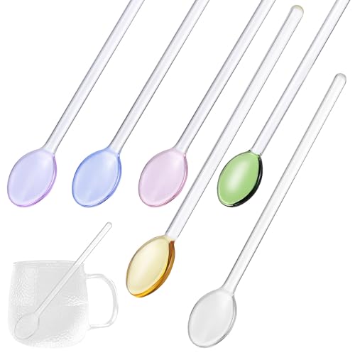 Uonlytech Lot de 6 Cuillères à Thé Glacé en Verre Coloré Long Manche, Faciles à Nettoyer et Polyvalentes, Cuisine Pâtisserie Style Aléatoire
