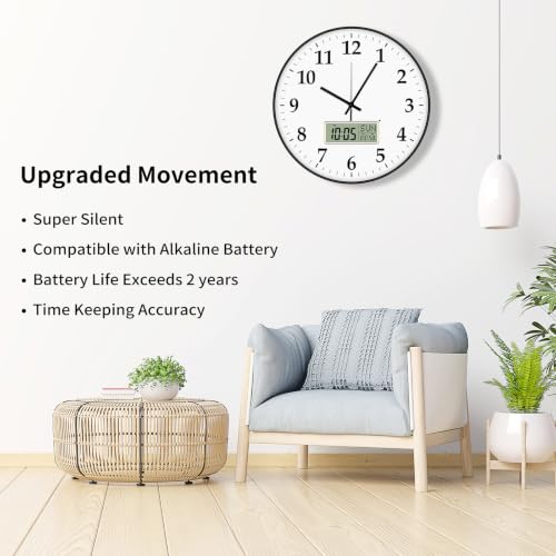 Image of Foxtop 14 inch Digital and Analog Wall Clock Silent Battery Operated Hour Chime