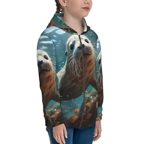 Seal pup in water Print Girls Athletic Zip Up Hoodies,Sweatshirts with Pockets Long Sleeve Hooded Jackets, for 7-18 Y3