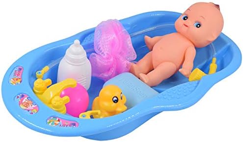 Baby Doll Bath Time Set, Boys Pretend Play Bath Tub Toys Games for Kids Toddlers Christmas Birthday Gift - Featuring 6" Doll, Bathtub, Small Mesh Pouf, Soap, Milk Bottle, Duck, Plastic Ball - Blue