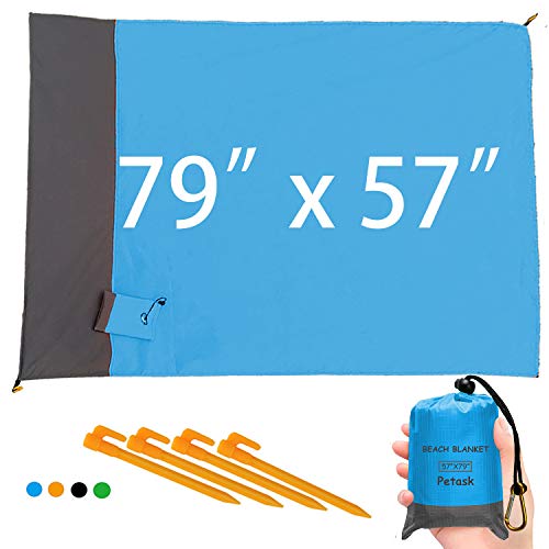 Outdoor Beach Blanket, Sand Free Compact Pocket Picnic Mat 57â€X79â€ Quick Drying Waterproof Ground Cover Durable Tarp with 4 Built-in Sand Anchors for Travel, Hiking, Camping, Festival, Sports, Blue