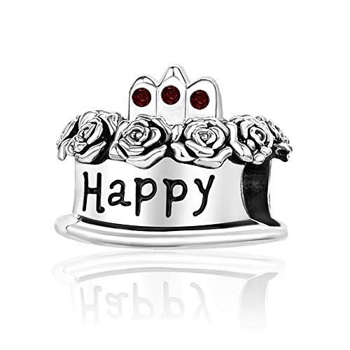 Image of Birthstones Happy Birthday Cake Charms Compatible with Pandora Charms Moments Bracelets Candle Crown Celebration Beads
