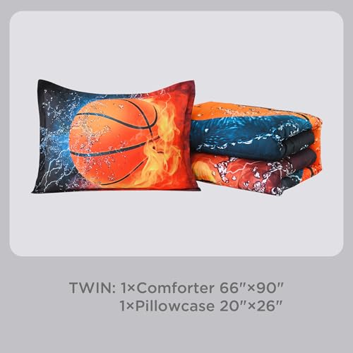 Image of Andency 3D Basketball Comforter Twin(66x90 Inch), 2 Pieces(1 Basketball Comforter, 1 Pillowcase) Sport Polyester Bedding Set for Kids Boys Teens