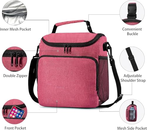 Image of Insulated Lunch Bag with Shoulder Strap, Large Cooler Tote Bag, Black, for Work and Travel (Pink)