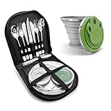 Camping Geschirr Set mit Bechern – Besteckset mit Edelstahl Gabeln, Messer, Löffel, Teller und Silikonbechern – Tragbares Besteck für Outdoor, Picknick, Grillen und Wandern. [12-teilig für 2 Personen]
