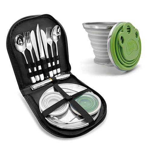 Camping Geschirr Set mit Bechern – Besteckset mit Edelstahl Gabeln,