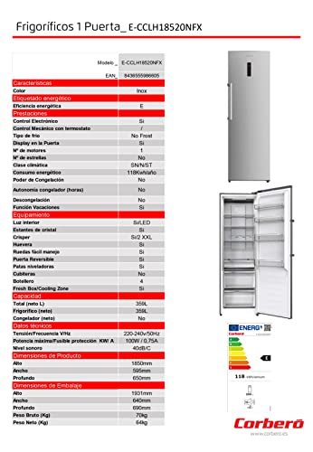Corbero-E-CCLH18520NFX-Frigorificos-1-Puerta-Dimensiones-185-x-60-x-65-Capacidad-359L-No-Frost-Color-Inox-Eficiencia-Energetica-E