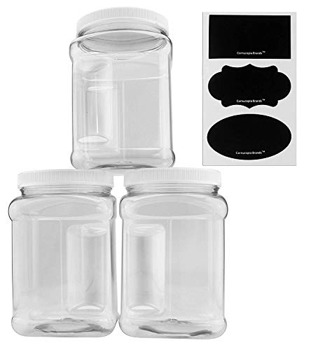Cornucopia Brands 3-Pack Square 64 Oz 1 2 Gallon Plastic Canisters; 8-Cup Capacity Clear Jars w White Plastic Lids & Chalk Labels, BPA-Free Lightweight PET #1 Plastic