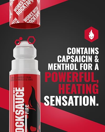 Image of RockSauce Fire, 3 oz Roll-On - Easy to use Pain Relief Cream - Capsaicin & Menthol Formula Relieves Muscle & Joint Pain - Works w / RockTape - No-Mess Applicator - Dye-Free, Won't Stain Clothes
