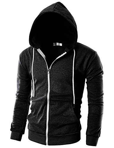 OHOO Mens Slim Fit Long Sleeve Lightweight Zip-up Hoodie with Kanga Pocket/DCF002-CHARCOAL-L