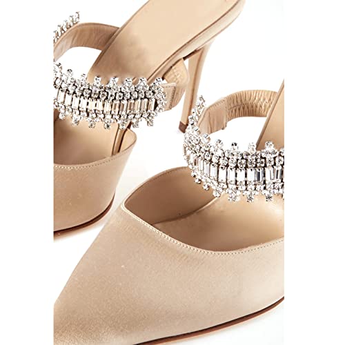 Blingqueen Women Heeled Mules Rhinestone Embellished Strap Pointed Toe Mules Satin Stiletto High Heels Slip On Bridal Sandals For Women Nude Size 9 #TOP4