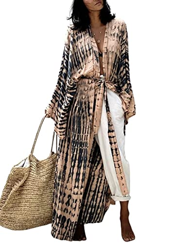 Image of Bsubseach Stylish Tie Dye Open Front Long Kimono Swimsuit Coverup for Women | Loose Fit Boho Style Bathing Suits Cardigans,Summer Causal Resort Wear