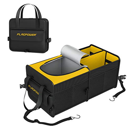 FLAGPOWER Car Trunk Organizer Collapsible Portable Storage Organizer with Insulated Cooler Compartments Tie Down Straps for SUV, Truck, Automotive, Van
