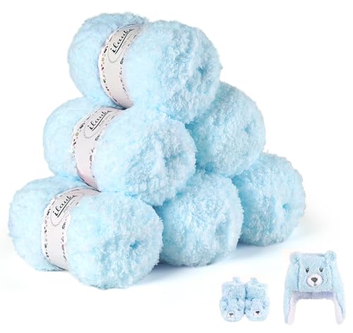 ilauke Fluffy Yarn 6x50g, Blue Fluffy Wool for Knitting, Flutterby Chunky Yarn for Crochet, Soft Wool for Blanket, Baby Clothes, Dolls, Rug