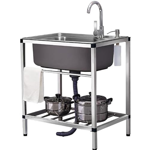 Fregadero de cocina grande de acero inoxidable con filtros y estantes de almacenamiento grifo independiente