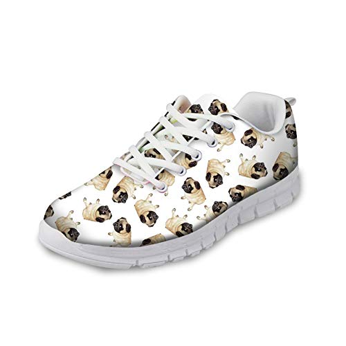 HUGS IDEA Modische Schuhe, mit Totenkopf-Motiv, Mops, Blumen, lustig, leicht, Schaumstoff, für Sport, Laufen, Fitness, Joggen, Weiß - Mops 1 - Größe: 41 EU Cover