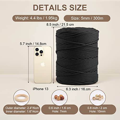 Image of ZUEXT Macrame Cord, Black, 5mm x 328yds Cotton String Macrame Yarn